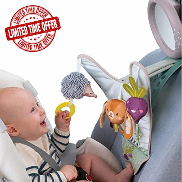 Taf Toys Urban Garden In Car Activity Centre. Play and Kick Travel Car Toy. Easy to Fit and Adjust with 3 Sensory Hanging Toys and Baby-safe Mirror. Suitable for Boys & Girls from Birth