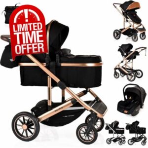 3 in 1 Travel System Baby Pram Buggy with Car Seat Pushchair Carriage Child Lightweight Folding Stroller for Newborns Toddlers from Birth (BB1 - Black Gold