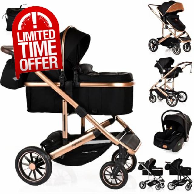 3 in 1 Travel System Baby Pram Buggy with Car Seat Pushchair Carriage Child Lightweight Folding Stroller for Newborns Toddlers from Birth (BB1 - Black Gold
