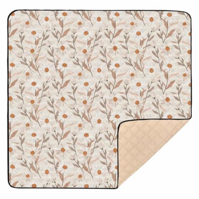 William Morris Style Daisy Almond Kakhi Soft Thick Baby Gym & Activity Mat for Indoor Outdoor Water Resistant Tummy Time Activity Mat for Baby Kids Toddlers Infants