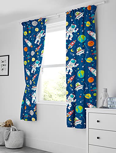 Rockets and Planets - Lined Curtain Pair with Tiebacks - Blue Nursery Curtains for Childrens Baby Room - 66X72 inch drop (168x183cm)