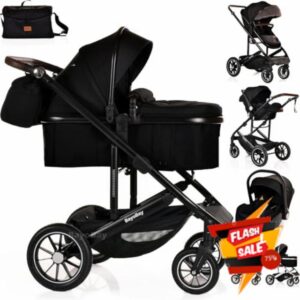 3 in 1 Travel System Baby Pram Buggy with Car Seat Pushchair Carriage Child Lightweight Folding Stroller for Newborns Toddlers from Birth up to 22kg New 2025 Style (BB1 - Black - Black