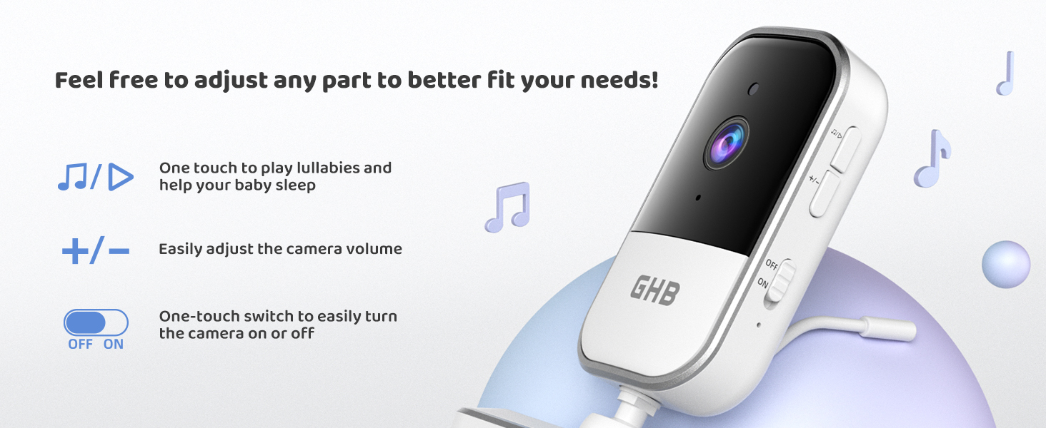 White wireless earbuds with charging case shown against light blue background with musical note graphics. Product interface or app screens visible.