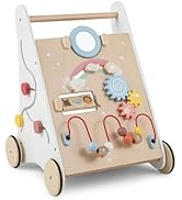 GYMAX 6-in-1 Wooden Baby Walker, Toddler Push Along Walker with Teaching Clock, Shape Matching an...