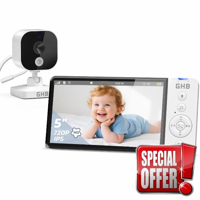 GHB Baby Monitor with Camera and Night Vision 5'' 720P HD 5000mAh Video Baby Monitor Camera IPS Screen