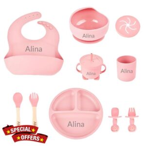 Personalised Food Grade Silicone Baby Feeding Set Divided Toddlers Plates with Suction Babys Led Weaning Supplies Self Feeding Eating Utensils for Dishwasher Microwave