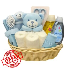 Baby Boy Hamper Gift – 17 Baby Essentials with Johnson’s Bath Products in Keepsake Rattan Basket Blue – Perfect Baby Boy Gifts Newborn Hamper & Thoughtful Gift Set for Baby Showers and New Parents