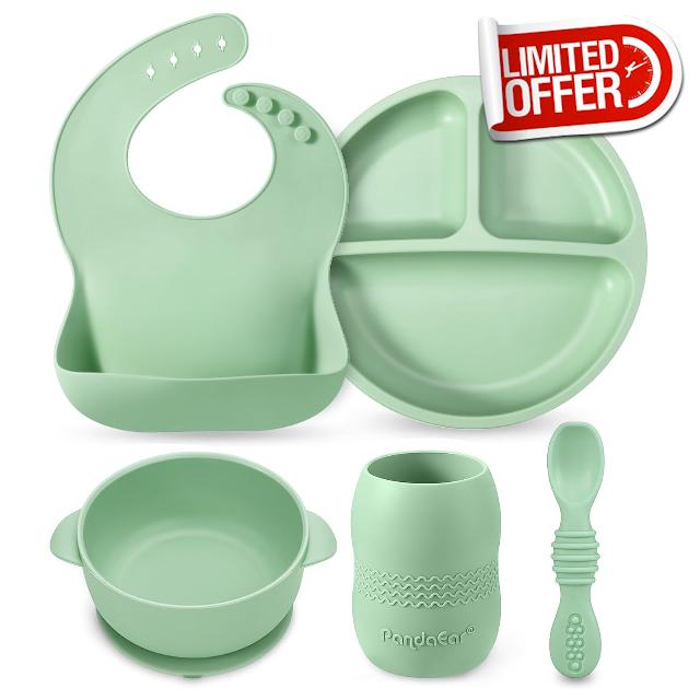 PandaEar Silicone Baby Feeding Set - 6-12 Months | LED Weaning Supplies - Bib + Plate with Suction + Cup + Bowls and Spoo