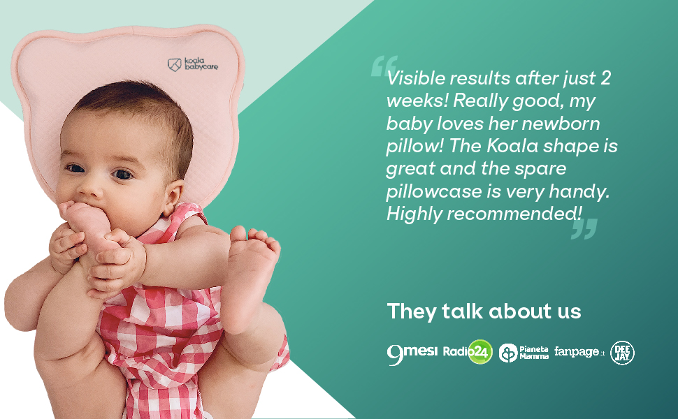 Split image showcasing baby product. Left: Baby in red gingham outfit. Right: Green background with product review text highlighting results and recommendation.