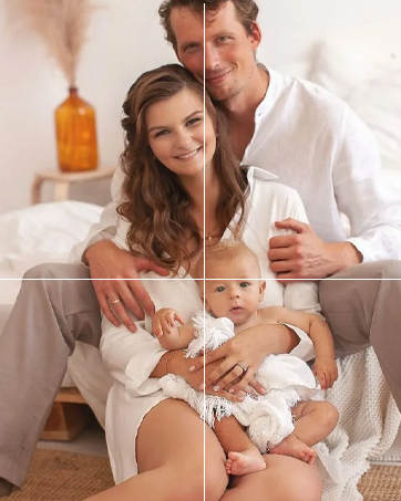 Split image showing a couple in white robes. The right side includes an infant, suggesting a before and after comparison.