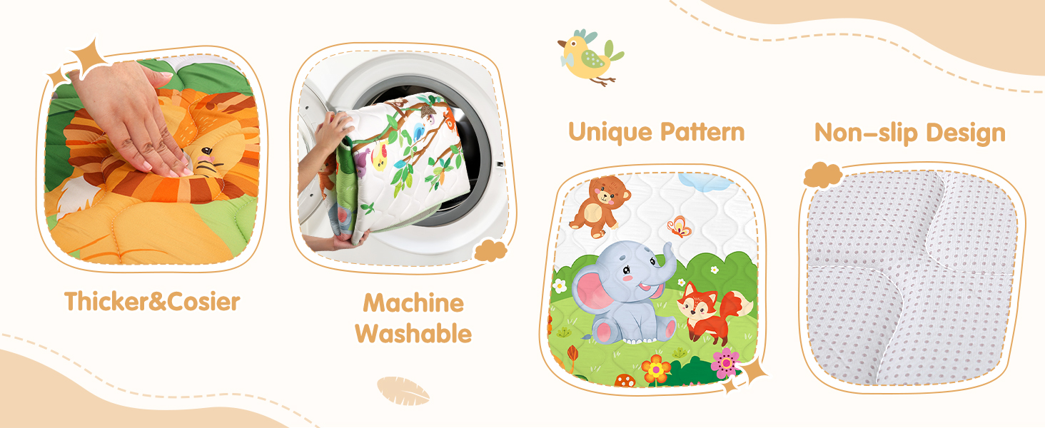 Text reads 'Unique Pattern' and 'Non-slip Design'. Product image shows baby placemat with colorful designs and textured surface for dining.