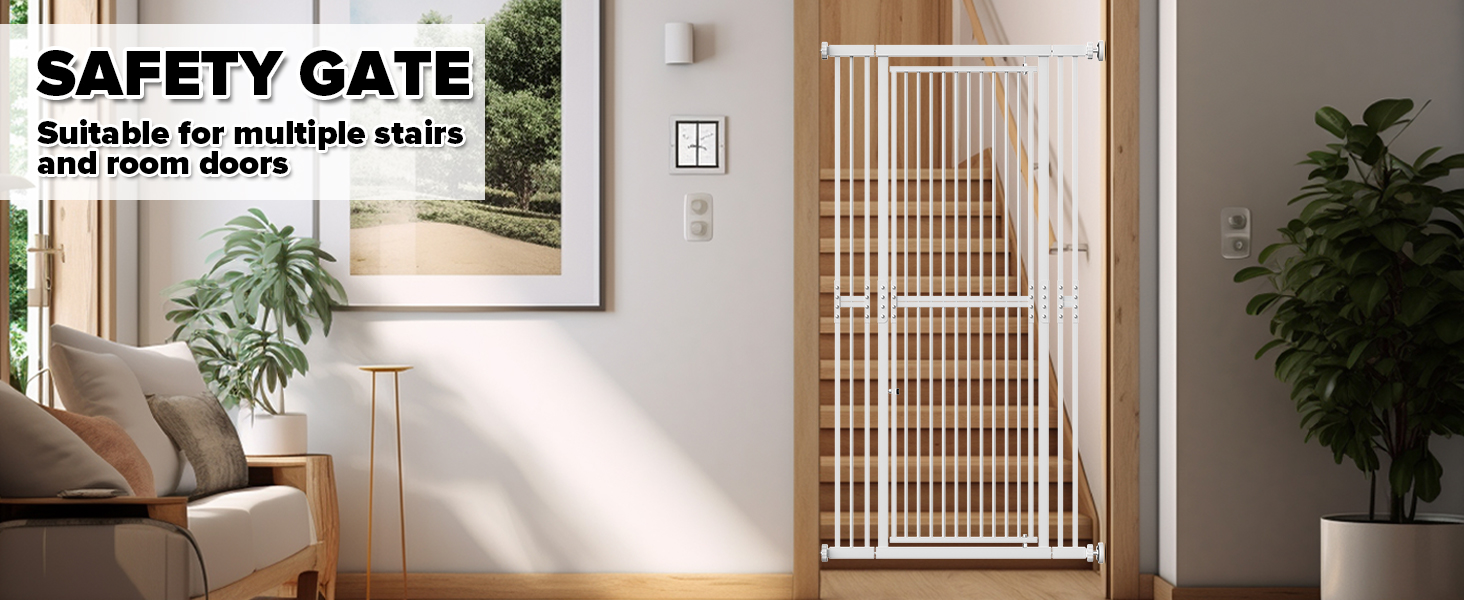 Text reads 'SAFETY GATE'. Multiple images showing a white expandable safety gate installed in different doorway settings with home decor visible.