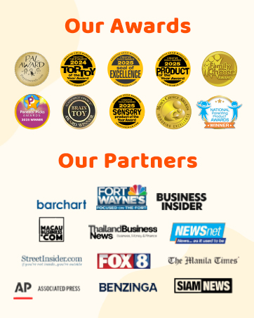Text reads 'Our Achievements' with statistics: '1,190,000+ FAMILIES Save Our Brand's products', '1,000,000+ LIKES From All Social Platforms', '30+ AWARDS Won Internationally', '100+ GLOBAL EXPERTS', with note 'Data as of June 2023. Household unit statistics and sales data from Amazon'
