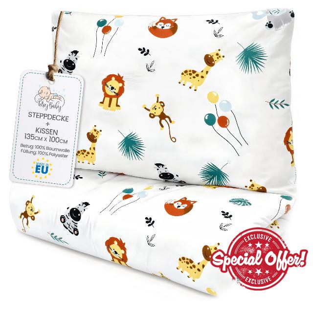Totsy Baby Toddler Duvet Pillow Set 100x135 cm Quilt 40x60cm Cushion - Coton Lightweight Breathable Bedding Insert for Cot Nursery Travel Cots bed Insert Only 100 x 135 Oeko-tex Safari