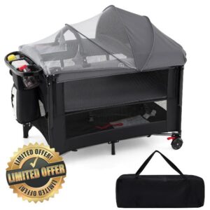 GYMAX Folding Travel Cot with Canopy