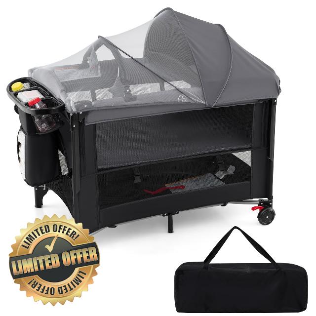 GYMAX Folding Travel Cot with Canopy