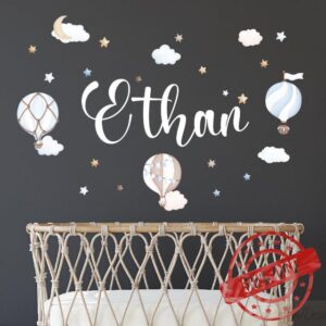 Custom Baby Name Wall Decal - Personalized Hot Air Balloon & Cloud Nursery Stickers