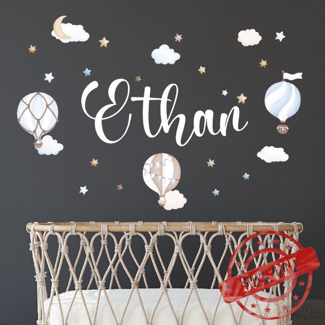 Custom Baby Name Wall Decal - Personalized Hot Air Balloon & Cloud Nursery Stickers