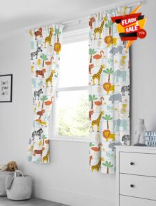 Bloomsbury Mill - Kids Curtains for Boys & Girls Bedroom - Safari Animals Lined Curtain Pair with Tiebacks - Nursery Curtains for Childrens or Baby Room - Neutral - 66X72 inch drop (168x183cm)