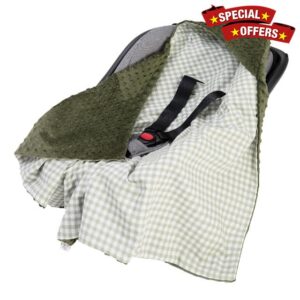 Medi Partners Swaddling Blanket 100% Cotton 85x85cm Double-Sided Multifunctional Plush Blanket With a hood for Pushchairs Soft Fluffy (Grid with olive Plush)