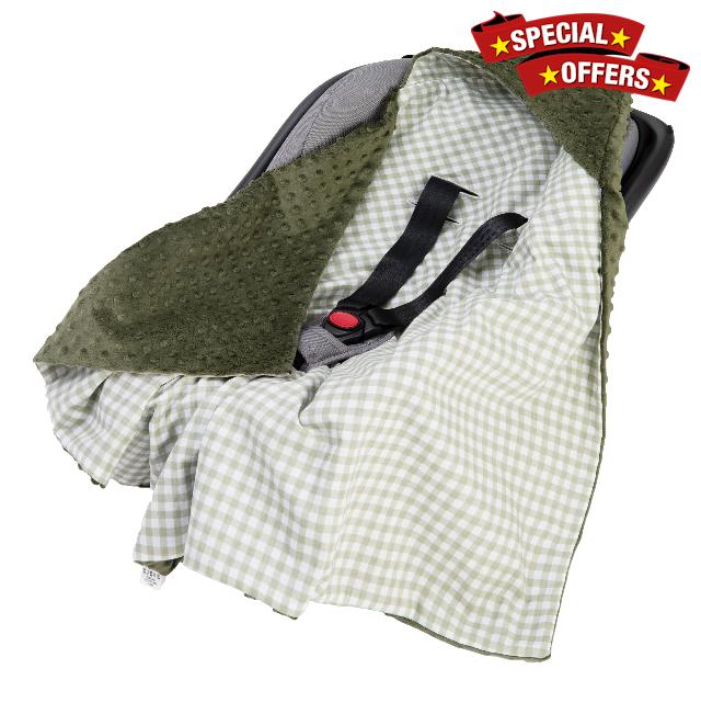 Medi Partners Swaddling Blanket 100% Cotton 85x85cm Double-Sided Multifunctional Plush Blanket With a hood for Pushchairs Soft Fluffy (Grid with olive Plush)