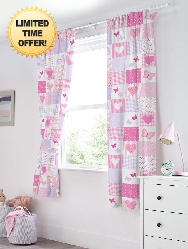 Bloomsbury Mill - Kids Curtains for Girls Bedroom - Pink Hearts and Butterflies Patchwork - Lined Curtain Pair with Tiebacks - Nursery Curtains for Childrens Baby Room - 66X72 inch drop (168x183cm)