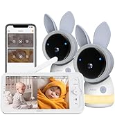 Baby monitor system with two rabbit-eared cameras, smartphone app, and 5-inch LCD screen showing two infants. Features include 2.4&5GHz Wi-Fi, UHD 4MP resolution, and 720P display.
