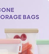Colorful plastic containers for storing breastmilk. Text reads 'REUSABLE SILIC BREASTMILK ST'. Containers in various sizes and colors visible.