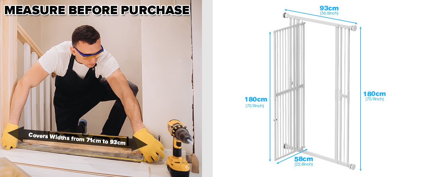 Text reads 'MEASURE BEFORE PURCHASE!' Composite image showing installation process and dimensional measurements for a wall-mounted product.