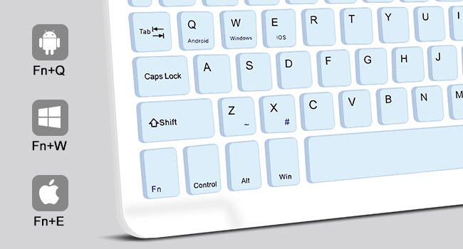 White compact keyboard with pale blue keys. Windows, Android, and iOS compatibility icons visible. Keys labeled for standard QWERTY layout.