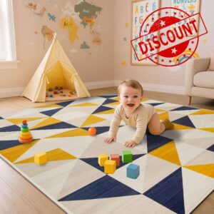 Aspire Homeware Kids Rugs Living room 120 x 170 Anti Slip Geometric Style Bedroom Rug – Soft Easy to Clean Carpets for Nursery Room Playing mat – Non-Shedding Large Yellow Area Rugs for Lounge(Brio)