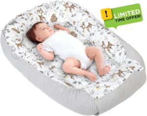 Medi Partners Baby Nest Pod for Newborn Babynest Sleep Bed - 100x60x15 Lounger Essentials 0-12 Months sleeping bilateral Cocoon 100% Cotton Waffle (Deer with grey Waffle)