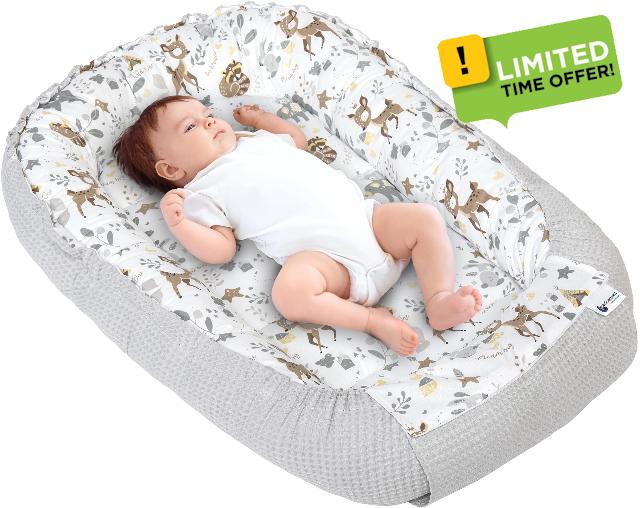 Medi Partners Baby Nest Pod for Newborn Babynest Sleep Bed - 100x60x15 Lounger Essentials 0-12 Months sleeping bilateral Cocoon 100% Cotton Waffle (Deer with grey Waffle)