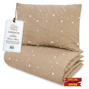Totsy Baby Toddler Duvet Pillow Set 90x120 cm Quilt 40x60cm Cushion - Coton Lightweight Breathable Bedding Insert for Cot Nursery Travel Cots bed Insert Only 90 x 120 Oeko-tex Beige with white stars