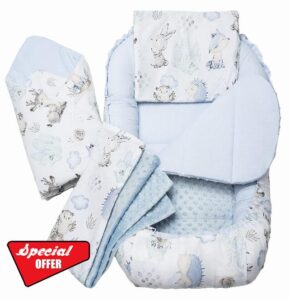 Medi Partners Baby Nest Pod for Newborn Babynest Bed 5pcs Set - 100x60x15 Lounger Essentials 0-12 Months sleeping bilateral Cocoon 100% Cotton (Deer and Hedgehogs with blue Plush)