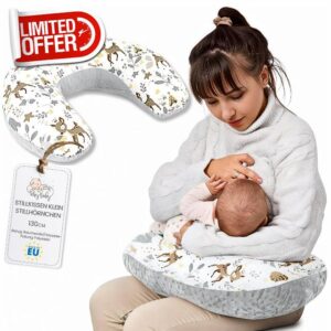 Pregnancy nursing and breastfeeding pillow 130 cm- breast feeding maternity pillows for baby and support sleeping for babies plush Oeko-Tex Deer Gray