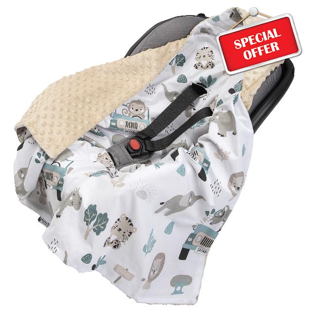 Medi Partners Swaddling Blanket 100% Cotton 85x85cm Double-Sided Multifunctional Plush Blanket With a hood for Pushchairs Soft Fluffy (Mint zoo with beige Plush)