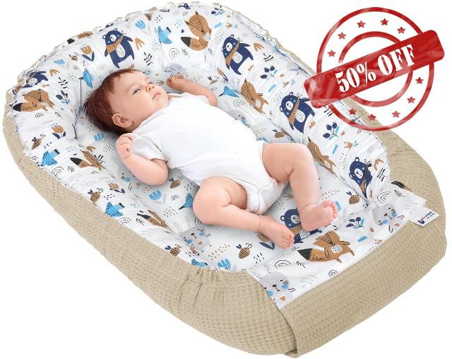 Medi Partners Baby Nest Pod for Newborn Babynest Sleep Bed - 100x60x15 Lounger Essentials 0-12 Months sleeping bilateral Cocoon 100% Cotton Waffle (Boho with brown Waffle)