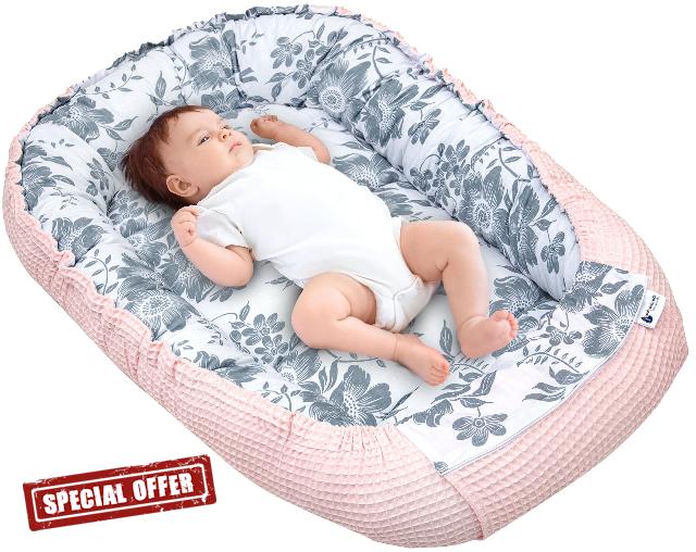 Medi Partners Baby Nest Pod for Newborn Babynest Sleep Bed - 100x60x15 Lounger Essentials 0-12 Months sleeping bilateral Cocoon 100% Cotton Waffle (Berry with pink Waffle)