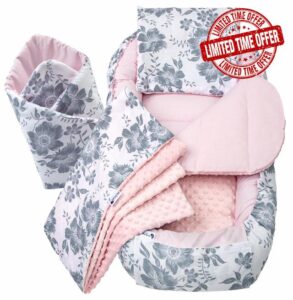 Medi Partners Baby Nest Pod for Newborn Babynest Bed 5pcs Set - 100x60x15 Lounger Essentials 0-12 Months sleeping bilateral Cocoon 100% Cotton (Berry with pink Plush)