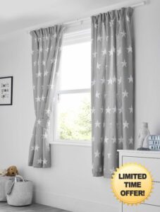 Bloomsbury Mill - Kids Curtains for Boys & Girls Bedroom - Grey & White Stars - Lined Curtain Pair with Tiebacks - Nursery Curtains for Childrens Baby Room - 66X72 inch drop (168x183cm)