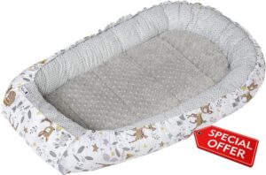 Medi Partners Baby Nest Pod for Newborn Babynest Sleep Bed - 100x60x15 Lounger Essentials 0-12 Months sleeping bilateral Cocoon 100% Cotton (Cerf with grey Plush)