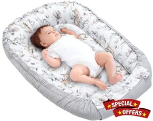 Medi Partners Baby Nest Pod for Newborn Babynest Sleep Bed - 100x60x15 Lounger Essentials 0-12 Months sleeping bilateral Cocoon 100% Cotton Waffle (Deer in leaves with grey Waffle)