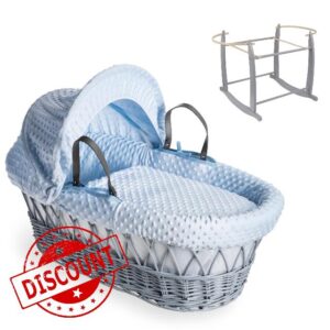 Clair de Lune | Dimple Grey Wicker Baby Moses Basket & Grey Deluxe Rocking Stand | (Blue)