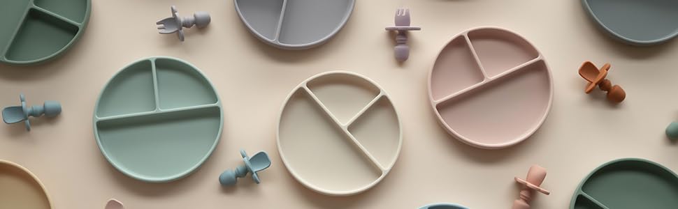 Split image: Left shows raised edges on a surface. Right displays a bowl of colorful cereal with text mentioning 'Perfect Portion Sizes and Raised Edges Encourage Self-Feeding.'