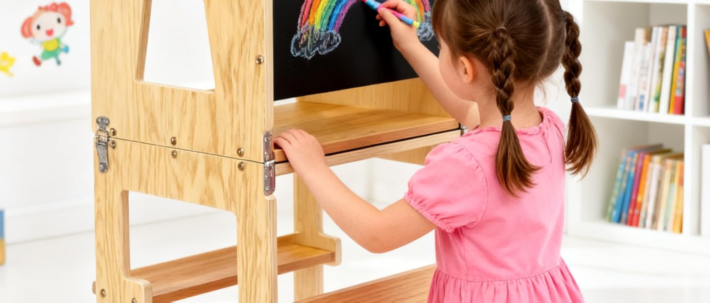 Wooden children's art easel with dual sides showing young person drawing colorful rainbow pattern. Features storage shelves and display areas for art supplies.