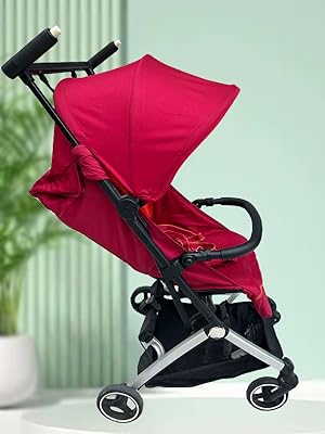 Multiple views of a red compact stroller or pushchair with black frame, showing different angles and folding positions.