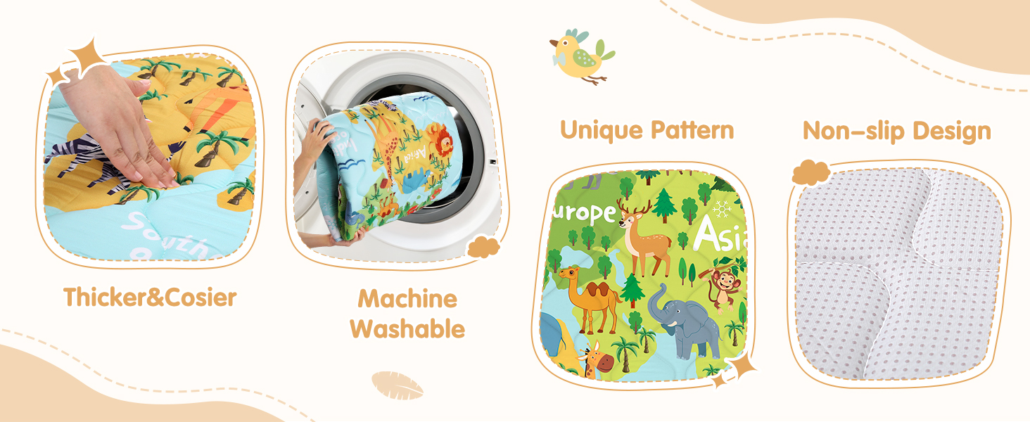 Text reads 'Unique Pattern' and 'Non-slip Design'. Product information layout showing colorful illustrated patterns and designs, appears to be for children's items.