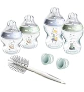 Text reads 'Tommee Tippee.' Multiple clear baby bottles with teal-colored components shown in sequence, featuring anti-colic valve system design.