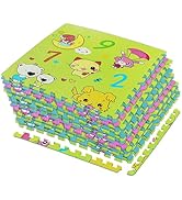 Colorful interlocking foam puzzle mat tiles featuring alphabet letters and cartoon animals. Tiles are stacked, showing thickness and edge connections. Suitable for children's play areas.